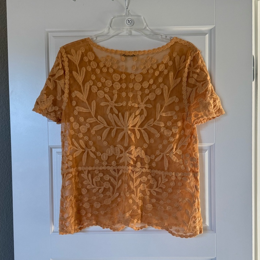 Zara Women’s Orange Mustard Embroidered Tulle Floral Blouse - Picture 11 of 11